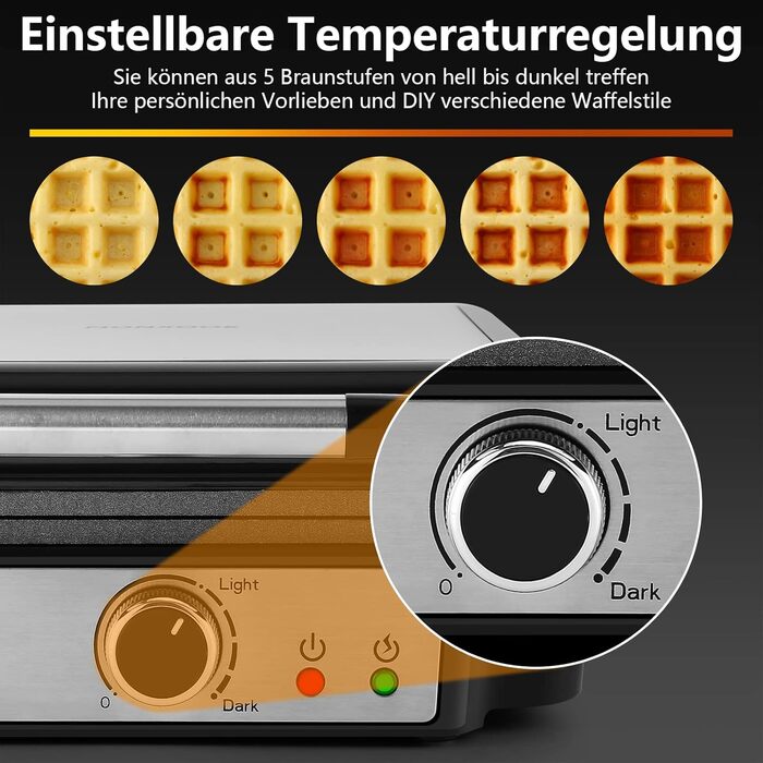YASHE Belgian Waffle Maker - 4 Square Waffle Plates, 1200W, Non-Stick Coating, Adjustable Browning Control, Overflow Prevention, Silver/Black