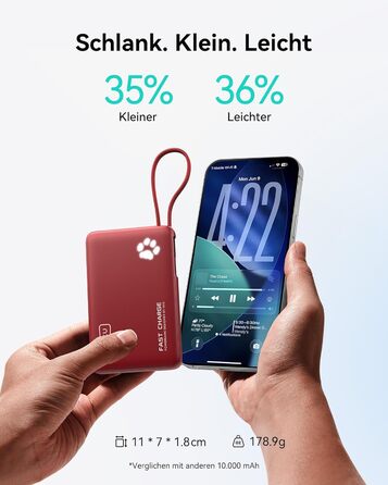 Power Bank INIU 10000mAh 20W з USB-C кабелем, PD3.0/QC4.0, для iPhone/Samsung/iPad (Червоний)