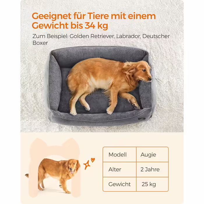 Feandrea Dog Bed, Linen-Look Dog Cushion, Dog Basket, Raised Edges, Non-Slip Bottom, Removable and Washable Cover, XL, for Large Dogs, 110 x 75 x 27 cm, Light Grey PGW12GG