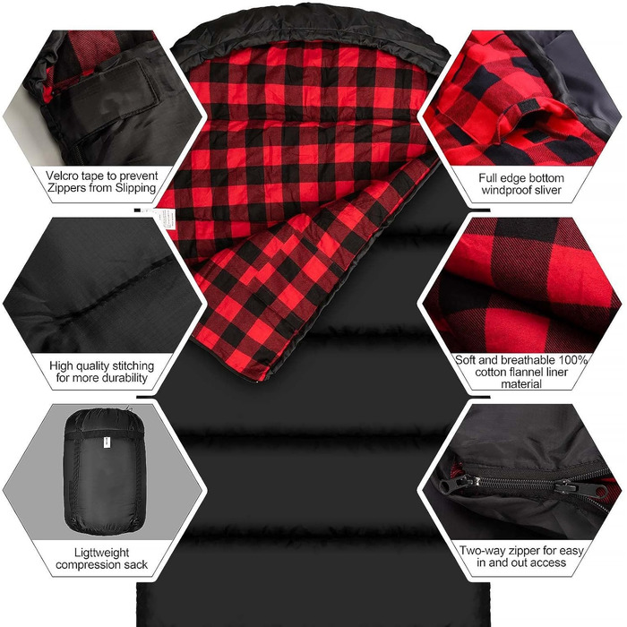 Cotton Flannel Sleeping Bag for Adults - Camping, Hiking & Backpacking - Lightweight 3-4 Season Sleeping Bag (Black/Red)