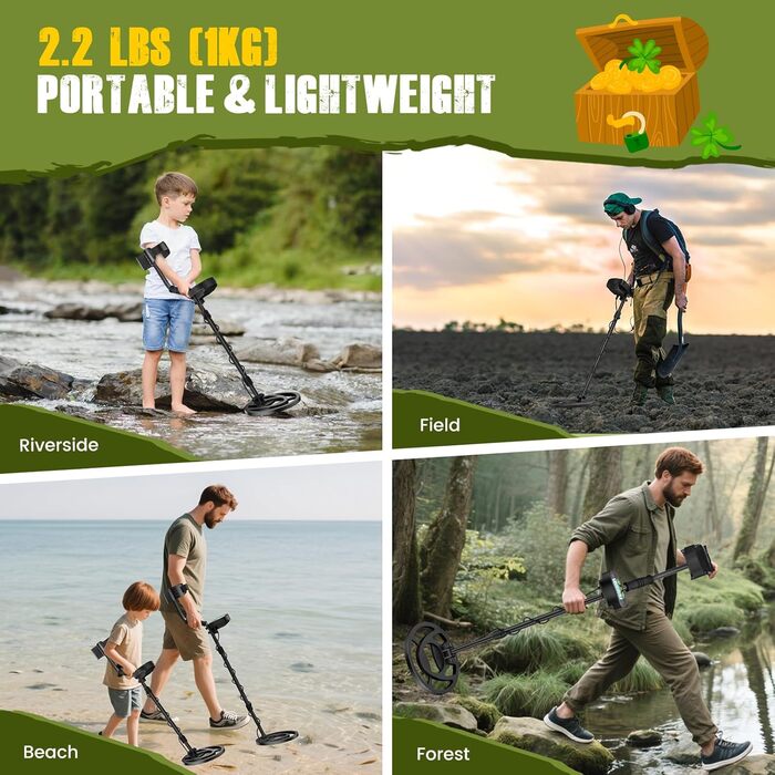 Металошукач професійний для дорослих та дітей, регульована довжина 113–141 см, комплект з водонепроникною котушкою IP68, зелений