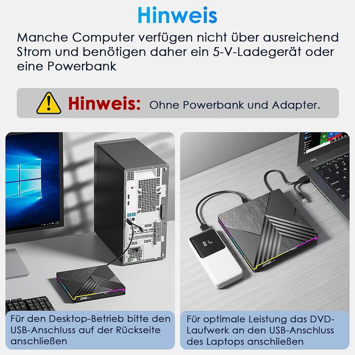 Зовнішній DVD-привід з RGB-підсвіткою, USB 3.0 та Type-C, CD/DVD+/-RW записувач та плеєр для PC, Laptop, MacBook (Windows, macOS, Linux)