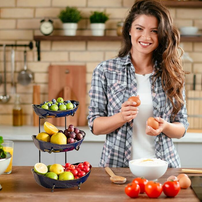 DUJUST Трирівнева етажерка для фруктів з кераміки, 3 яруси, сучасний дизайн, обпалена глазур, для кухні, зберігання фруктів, стабільна, придатна для миття в посудомийній машині