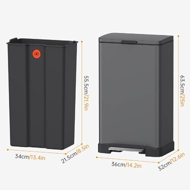 Сміттєве відро Mbillion 50 літрів з контейнером, тихо закривається, захист від відбитків пальців, великий нержавіюючий сталь, прямокутне для кухні, дому та офісу (Сірий, 40л)