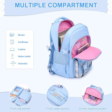Сумка для школи для дівчаток - велика містка рюкзак Каваї з відділом для ноутбука для учнів початкової та середньої школи, блакитний