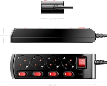 Мережевий фільтр DeleyCON з 4 розетками, індивідуальне вмикання/вимикання, 1.4м кабель, з захистом від дотику, чорний