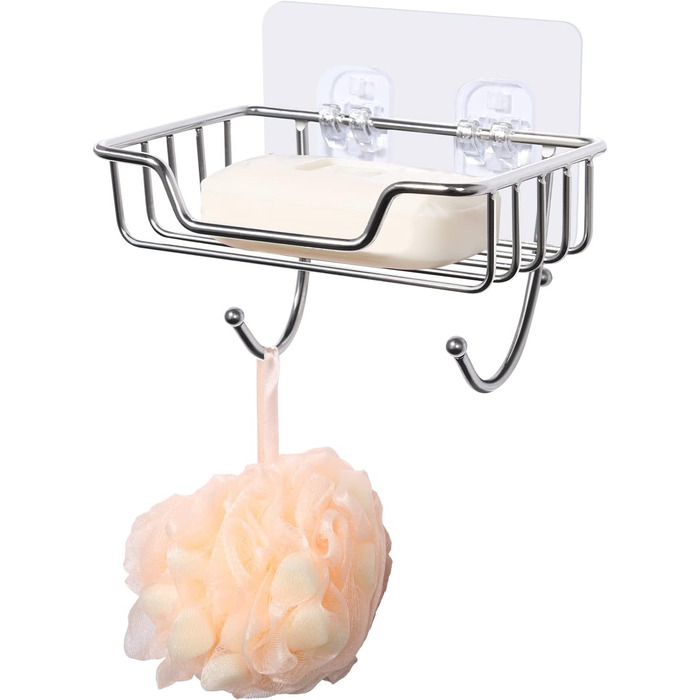 Тримач для мила без свердління Uten, нержавіюча сталь, самоклеючий, з 2 гачками, для мила та губки, для душу, ванної кімнати, кухні, сріблястий