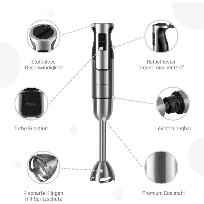 KLAMER Stabmixer 800W: 4-в-1 Пюрірувальник зі сталі, регулювання швидкості та Turbo-функція, Classic Single
