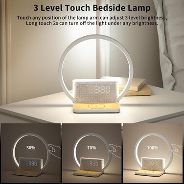 Нічна лампа RETEYUNG з бездротовою зарядкою 10W, 2 будильники, денний світловий будильник, 10 заспокійливих звуків, сенсорне регулювання яскравості (3 рівні), стиль арт-деко
