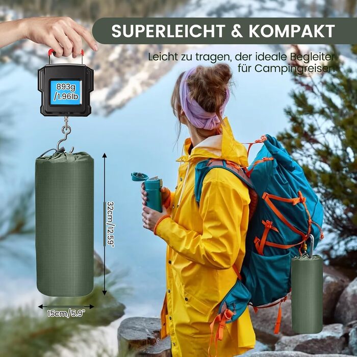 Каремат самонадувний туристичний Tuocal Isomatte, 9 см, з подушкою, з насосом, антиковзаюча поверхня, для кемпінгу, відпочинку на природі, подорожей, намету (армійний зелений)