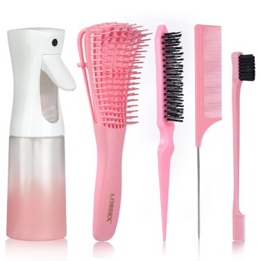 Щітка для волосся з розпилювачем 200 мл, розплутуюча щітка для натурального волосся, для афрокудрявого волосся 3a-4c, для кучерявого, хвилястого та локону, набір з 3 шт. щіток для начісування, двостороння щітка (рожева)