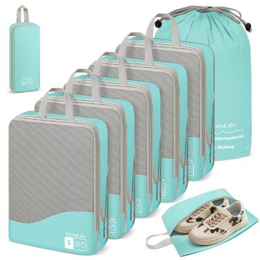 VnioLife Набори для пакування валізи: 8 шт. - Органайзер для подорожей, компресійні куби для валізи (Блакитний)