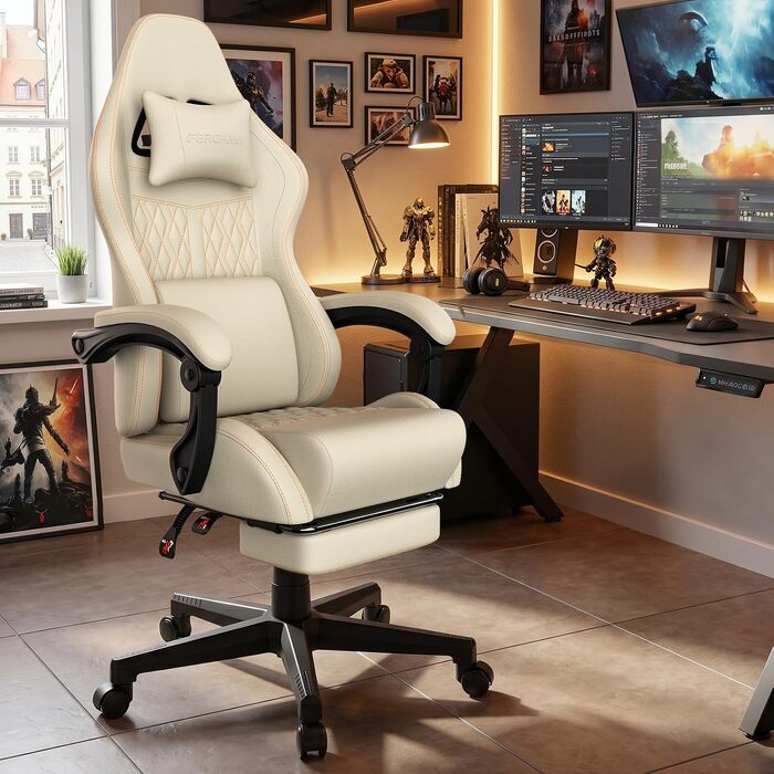 Ергономічне ігрове крісло Gaming Chair з підніжкою, регульованим нахилом спинки (90–135°), поперековою та підголівником, біле
