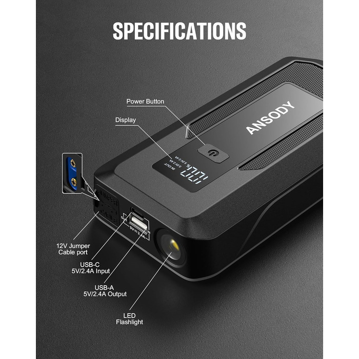 Powerbank для авто 12V Starthilfe 3000A: пусковий пристрій з LED, для бензину/дизеля (10/8L), сірий