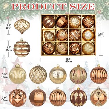 Набір з 12 бронзових новорічних кулі для ялинки, 10 см, великий, безпечні від пошкоджень