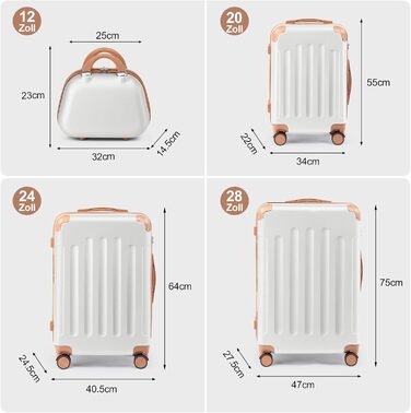 Набір валіз LALAHO 4 шт. з косметичками, з ABS пластику, рожеве золото (бежево-коричневий, смужки)