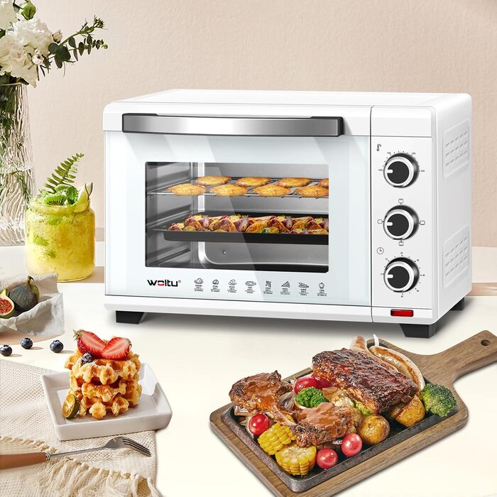 Міні-піч WOLTU 28 л, піч для піци 1600 Вт, 100-230°C, таймер 0-60 хв, 3 режими нагріву, з деко, решіткою, підсвічуванням крихт, підйомником решітки, для випікання, запікання, розморожування, підігріву (біла)