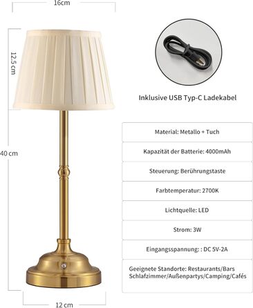 Світлодіодна настільна лампа бездротова, димована вінтажна нічна лампа, ретро акумуляторна лампа 4000mAh, для дому, бару, вітальні (Золото + Бежевий абажур)