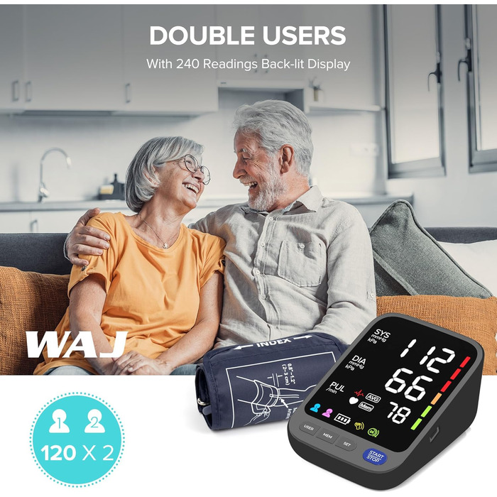 Тонометр WAJ на плече з великою манжетою (22-42 см) для дому | LED-дисплей 6,4 дюйма | Виявлення аритмії | 2×120 місця пам'яті | Вимірювання пульсу, білий (чорний)