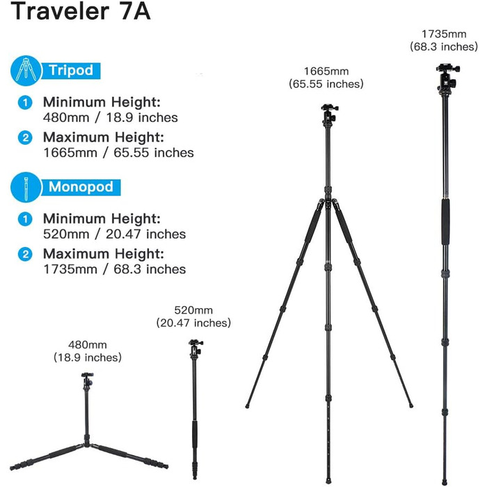 Штатив SIRUI Traveler 7A з кульковою головкою для панорамної зйомки, алюміній, для Arca Swiss, перетворюється на монопод, 164см, 10кг, 1.89кг