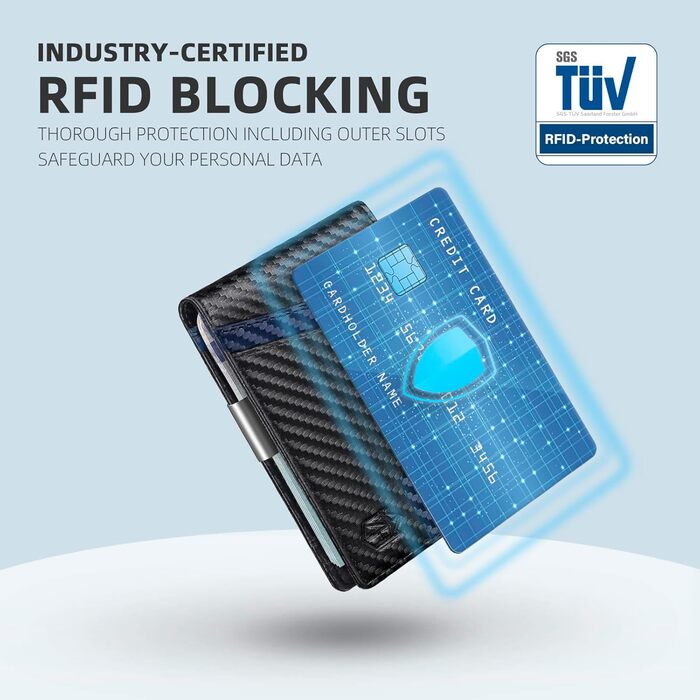 Чоловічий шкіряний гаманець Zitahli Sport-Fan з відділеннями для 10-12 карток, RFID-захистом, кліпсою для грошей та віконцем для посвідчення, тонкий, мінімалістичний, подарунок для чоловіків (карбонове чорний, акцентний синій)