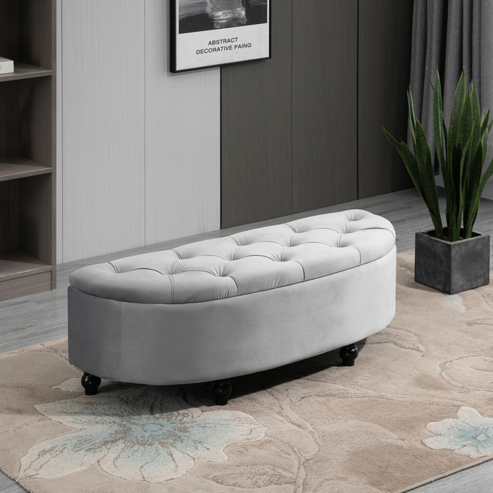 HOMCOM Storage Bench Storage Ottoman Storage Box Footrest Velvet-Touch Rubberwood Grey Bedroom | Aosom