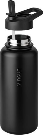 Stainless Steel Water Bottle 1L - Straw, Drinking Opening - Leakproof, Carbonated Drink Compatible, BPA Free - Thermos Flask for Sports, Outdoors, School, University, Cycling, Hiking, Gym (750 ml, Black)