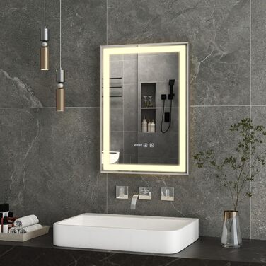 Дзеркало YOURLITE з підсвічуванням 70x50 см, LED дзеркало для ванної кімнати з годинником, сенсорне керування, 3 кольори світла, регулювання яскравості, антизапарник, пам'ять, срібний