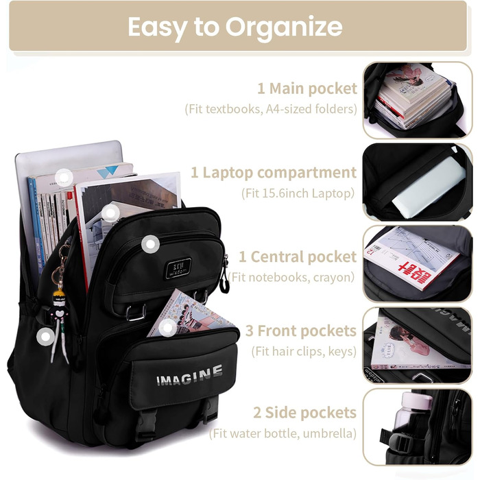 Шкільний рюкзак Tanou для дівчаток-підлітків, велика місткість, водонепроникний, чорний, 9573#