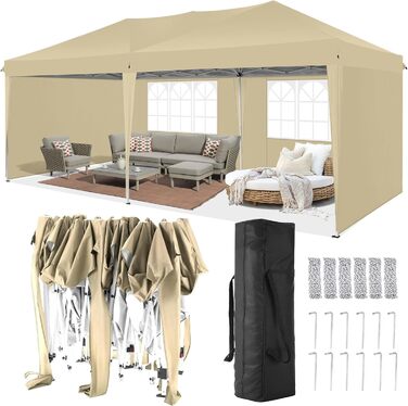 COBIZI Pavilion - Waterproof, Stable, Winter-Proof, Foldable, Pop-up Party Tent, Garden Pavilion for Beach Wedding, with 4 Side Panels, UV Protection 50+, Adjustable Height (Khaki, 3x4m)