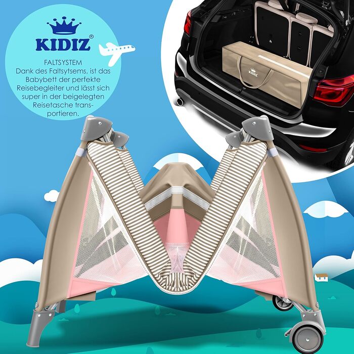 KIDIZ® 3-in-1 Baby Cot Travel Bed Combo Set Baby Bed with Changing Pad, Mosquito Net, Playard, from Birth up to 15 kg, Airy Side Walls with Side Entrance, Carry Bag, Foldable, Pink/Beige Pink / Beige