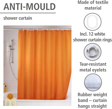 Штора для душу WENKO Anti-Schimmel (антигрибкова), текстильна, 180x200 см, помаранчева, з кільцями