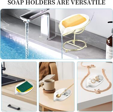 Набір з 2 мисок для мила з отвором, 13,5x8,5 см, кераміка, самостійний злив, у формі листка, білий, зелений