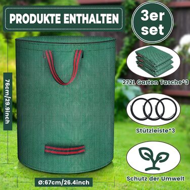 BuzzoXerex 3x Garden Waste Sack with Lid, 272L Stand-Alone Garden Sack with 4 Tear-Resistant Handles, Waterproof, Foldable, Reusable Leaves Sack Large for Garden Waste and Green Waste