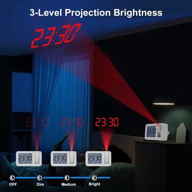 CHEREEKI Projection Alarm Clock, Alarm Clock with Indoor Temperature, 4 Adjustable Projection Brightness, 9-Minute Snooze Function, Digital Alarm Clock Suitable for Office and Bedroom