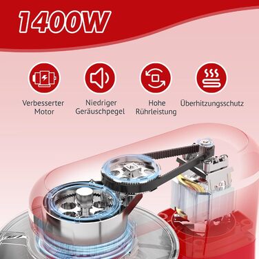 Кухонна машина Küchenmaschine 6.2 л, 1400 Вт, 6 швидкостей з набором насадок (міксер, гак для тіста, вінчик)