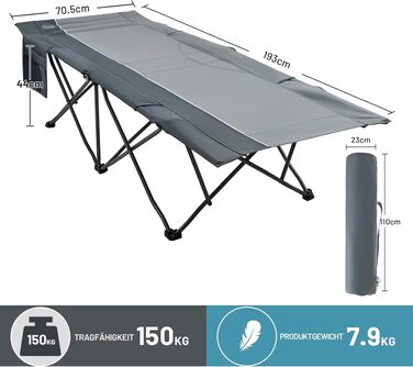 Розкладне ліжко для кемпінгу TIMBER RIDGE XXL, посилене, до 150 кг, сіре