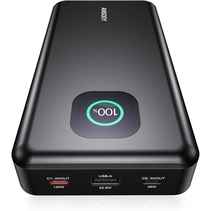 Power Bank 140W, 25000mAh з дисплеєм для ноутбука, MacBook, iPad, iPhone, Switch, Dell XPS (Сірий)