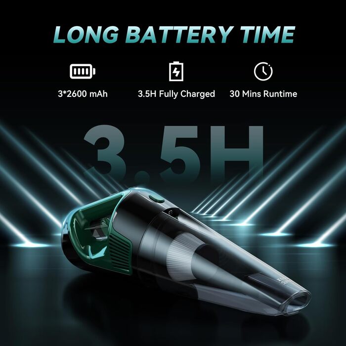 Акумуляторний автомобільний пилосос Minthouz 9000PA, 120W з LED-підсвічуванням, 30 хв роботи, HEPA-фільтр, портативний для авто, дому, офісу