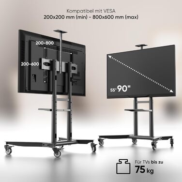 ONKRON Mobile TV Stand - Adjustable Height, VESA 600x400 - Fits 32-75 inch Flat & Curved TVs up to 60kg