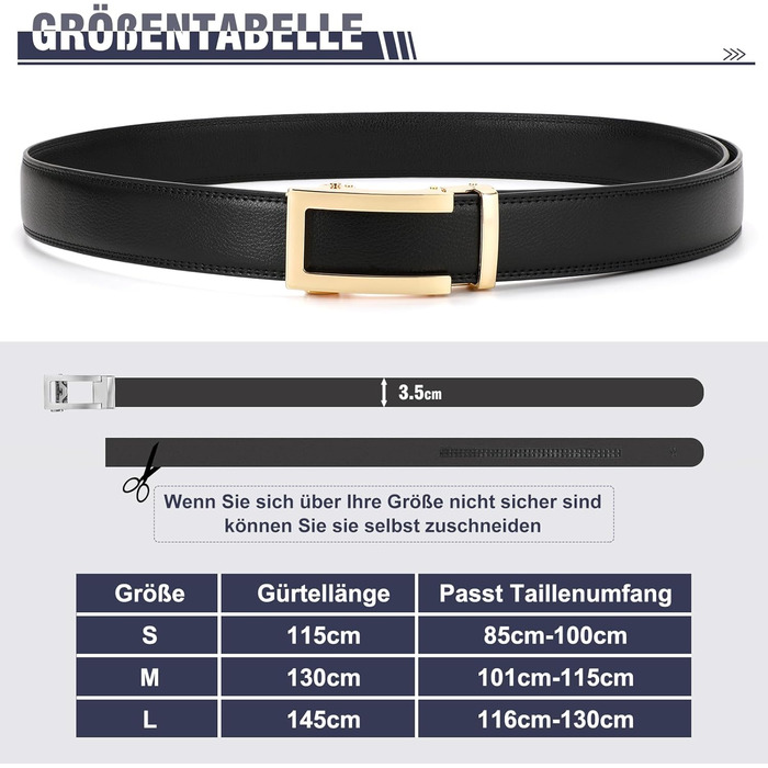 Чоловічий шкіряний ремінь JasGood з автоматичною пряжкою, регульований, без дірок, ширина 35 мм (06-чорний, 130 см, обхват талії 101-115 см)