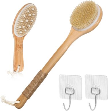Набір з 2 шт. щітки для сухого масажу тіла, щітка для спини та душу з довгою ручкою, щітка для лімфодренажу, натуральна щетина для пілінгу та лімфодренажу, масажна щітка для тіла