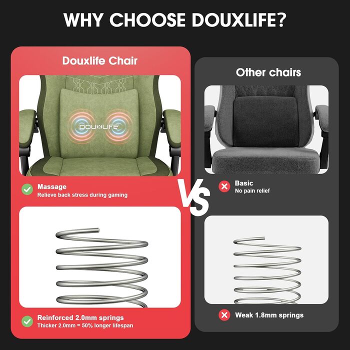 Ігровий крісло Douxlife з масажем, розширене пружинне сидіння, ергономічний офісний стілець для геймерів, стілець для роботи з підніжкою, 158 кг, темно-зелений