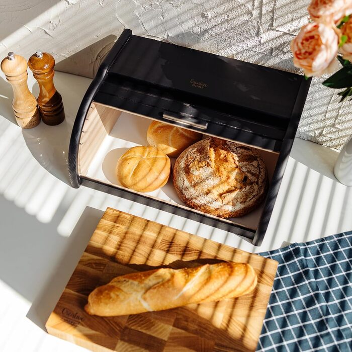 Дерев'яна хлібниця Creative Home | 38 x 28,5 x 17,5 см | Для хліба, булочок, тортів | З відкидним кришкою | Натуральна хлібниця для кухні (Чорний)