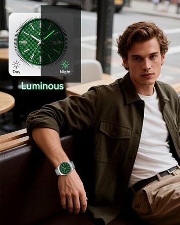 Чоловічий годинник CIVO з нержавіючої сталі: аналоговий бізнес-годинник з датою, що світиться - водонепроникний для роботи та відпочинку - стильний подарунок для чоловіків (сріблястий, зелений)