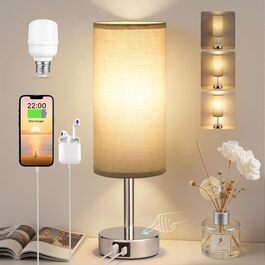 Нічна лампа приліжкова сенсорна з димером, USB зарядка (Type A+C), тканинний абажур (льон), для спальні, вітальні, дитячої, офісу (з лампочкою) - сіро-срібляста