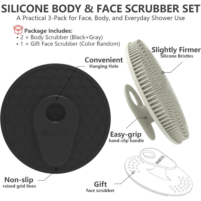 Силіконова щітка для тіла, скрабер для душу, щітка для тіла, скрабер для пелінгу, м'які щетинки, для жінок, чоловіків, дітей, чутливої шкіри, 1 шт. (Чорний+сірий)