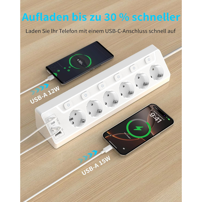 Розподільник розеток з захистом від перенапруги, 6 розеток, USB-C, 2м кабель, 4000W, 16A, для кухні, дому, офісу (білий)