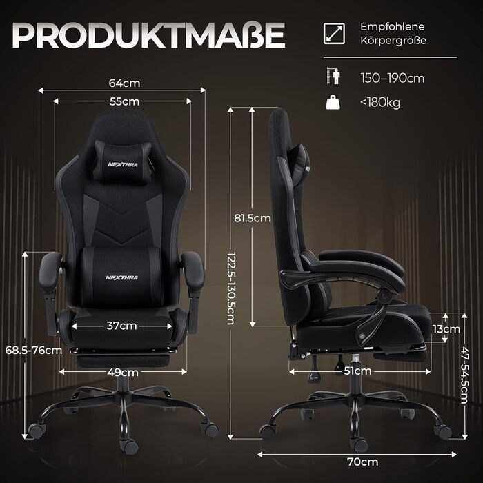 Геймерське крісло Nexthra Ergonomisch з підставкою для ніг, до 180 кг, чорне. Офісне крісло для геймінгу та роботи, регульована спинка 150°
