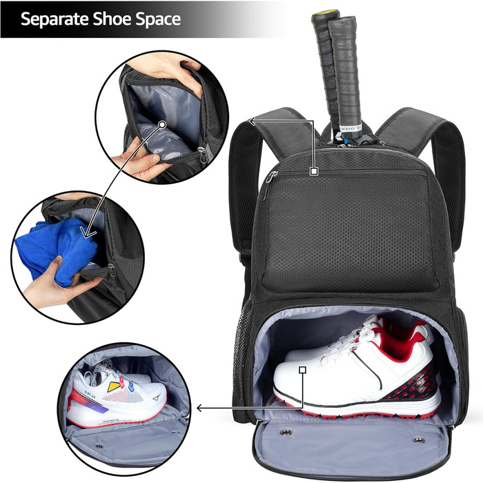 Рюкзак для тенісу DSLEAF з відділенням для взуття, сумка для 2 ракет, з підкладкою на плечах, чорний (для жінок та чоловіків)